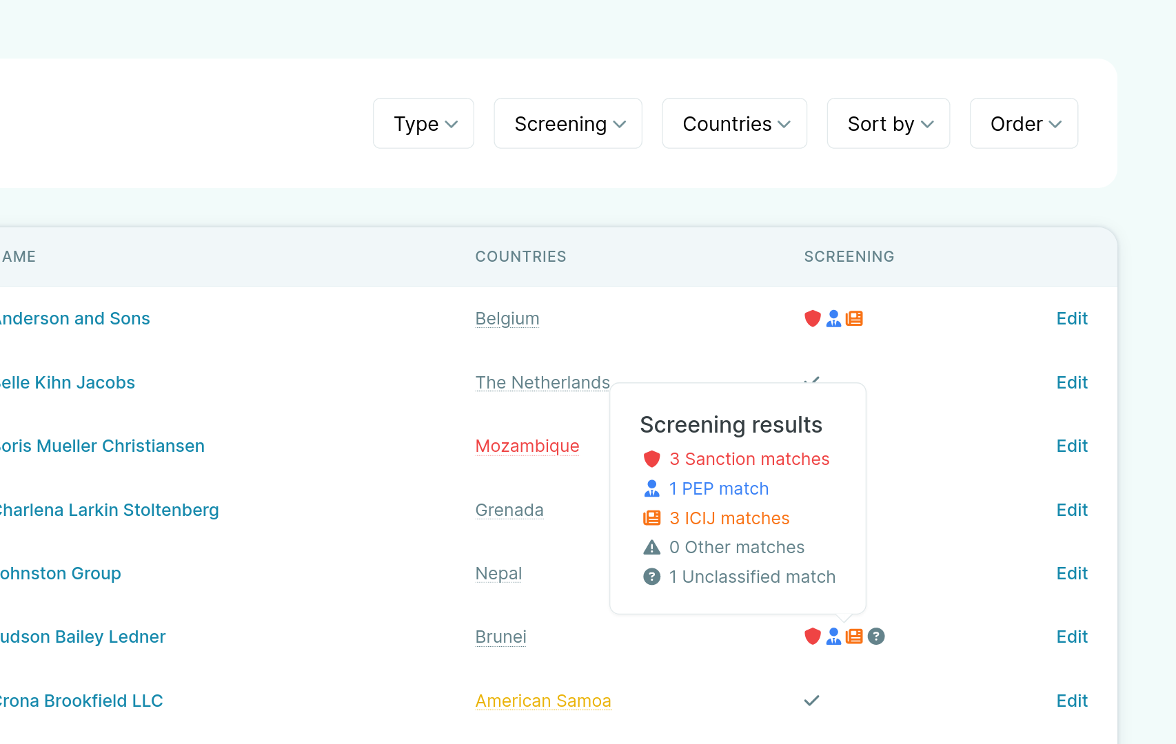 A screenshot of adding a party to the database and showing the screening results